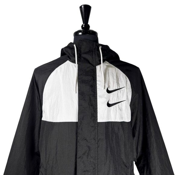 Vintage 90s Nike Double Swoosh Windbreaker Jacket Black Hooded Spell Out Medium - Picture 7 of 10